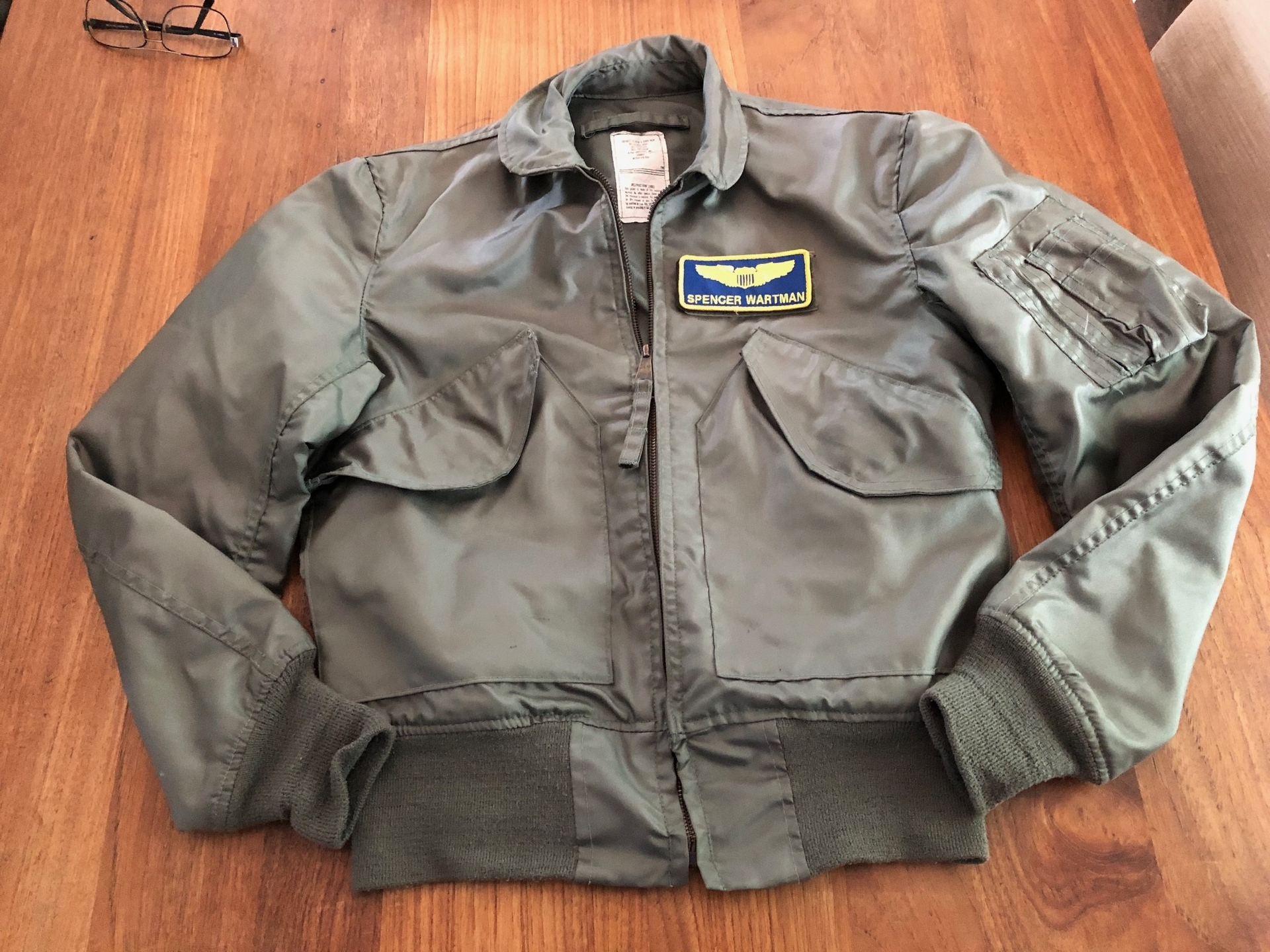 Nomex CWU-36/P flight jacket size Small 34-36 nametag Spencer W