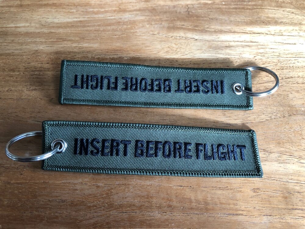 INSERT BEFORE FLIGHT embroidered keyring keychain  Military green & black letters