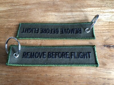 REMOVE BEFORE FLIGHT embroidered keyring keychain  Military green & black letters