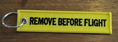 REMOVE BEFORE FLIGHT keychain keyring (yellow + black letters)