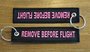 REMOVE BEFORE FLIGHT keychain keyring (black + pink letters)_